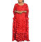 HD African Women Applique Flower Dress Boat Neck Chiffon Kaftan Dress One Size, Red, One Size