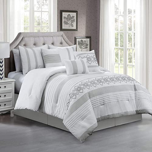 Chezmoi Collection Ariel Bettwäsche-Set, 7-teilig, grau, geometrische Chenille-Stickerei, plissiert, gestreift, Full-Size