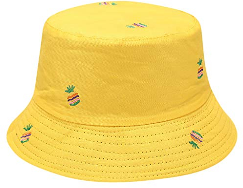 Damen Fischerhut Reversibel Bucket Hat Ananas Bestickte Anglerhut Sommer Outdoor Sonnenhut Eimer Hüte Faltbar Anglerhut Fishermütze Für Frauen Mädchen, Gelb, Einheitsgröße