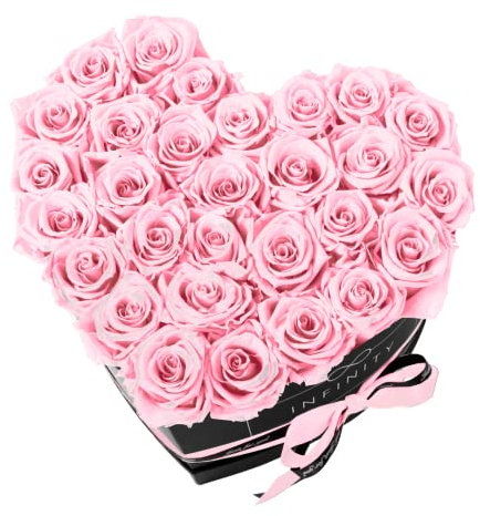 Infinity Flowerbox XXL Herz - 29 echte Premiumrosen in Rosa - 3 Jahre haltbar ohne gießen | In Geschenkverpackung mit Satinschleife