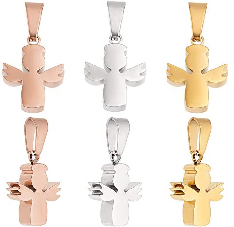 DICOSMETIC 6 Stück 3 Farben Edelstahl Engel Anhänger 3.5mm Dicke Charme Mit Verschluss Roségold Und Goldfarbene Anhänger Zum Basteln von Schmuck Bohrung: 3x7mm