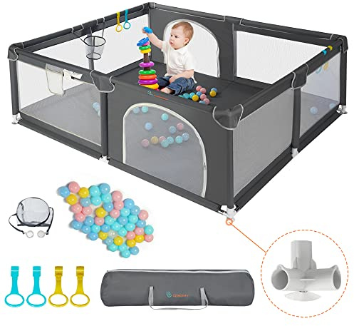 COMOMY Laufstall Baby, 150x180x66cm Laufgitter XXL Große, Grau | Sicherheitsspielplatz Playpen für Kinder mit Weichem Netz, Rutschfestem Oxford Bottom, Bällen, Mini-Körb und 4 Zugringen