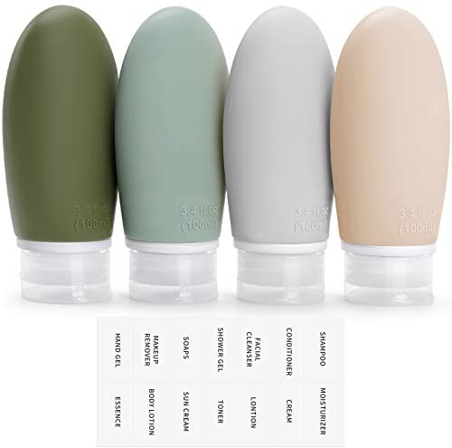 Opret Bottiglie da Viaggio 100ml in Silicone, 4 Pezzi Kit Contenitori da Viaggio Flaconi con Custodia per Shampoo, Liquidi and Lozione, Nessun BPA