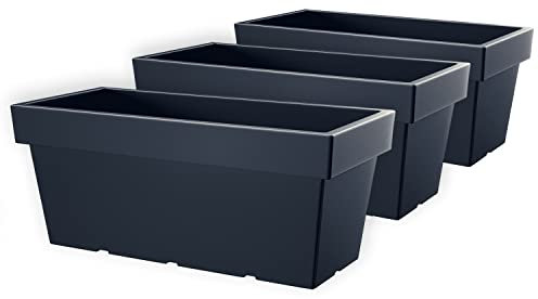 IMJ-Global Juego de 3 macetas para flores rectangulares Lofly Casas decorativas de plástico, 27,7 x 57,8 x 22,4 cm, interior exterior negro, volumen 26 litros, diseño moderno