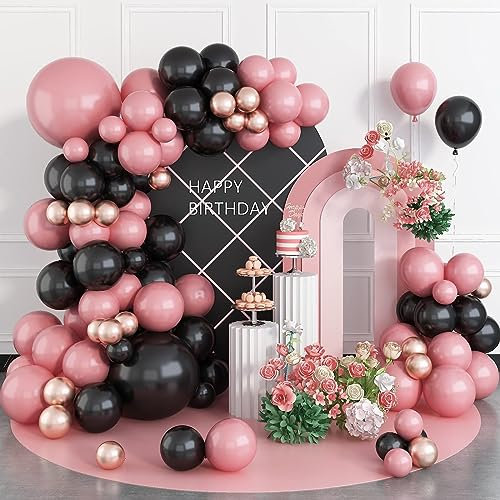 Pink Black Balloon Arch Kit, Rose Gold Balloon Garland Kit, 5 10 18 Inch Black Pink Rose Gold Birthday Balloons DIY Garland Backdrop, Perfect for Baby Shower, Wedding, Anniversary, Party Decoration