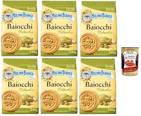 Mulino Bianco Baiocchi Pistacchio, galletas con pistachos y masa quebrada, ideal para desayuno o aperitivo, sin aceite de palma 240 g + lata italiana gourmet Polpa di Pomodoro de 400 g