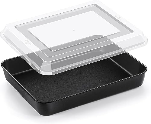 Joyfair Teglia da forno in acciaio inox con coperchio ermetico, 31,7 x 24,7 x 5 cm, nera, antiaderente rettangolare, per torte, lasagne, brownie, sana e atossica, adatta al forno e facile da pulire