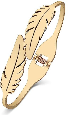 DUOWEI Cute Feder Armband Manschette Armreif Edelstahl 18K Gold Feather Schmuck Glücklich Charms für Damen Mädchen (Gold)