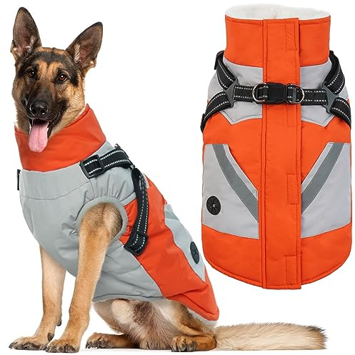 IECOii Dog Coat for Large Dogs, Orange, X-Large - Waterproof Winter Fleece Jacket with Harness, Turtleneck, Reflective Straps, Zipper Closure