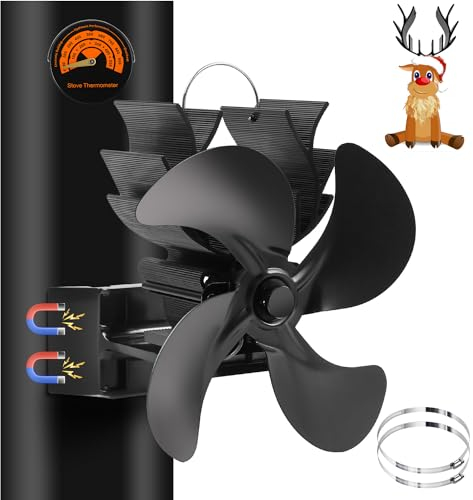 MaxEarn Ofenventilator mit 4 Flügeln, magnetisch, Holzbrenner-Ventilator mit Thermometer und verstellbarem Clip, wärmebetriebener Kaminventilator, leiser Kaminventilator, Hängender Rauchrohrventilator