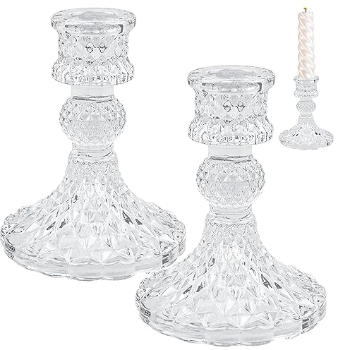 YAXIDAEVER 2Pcs Bougeoirs en Verre Transparent,Support pour Bougies Piliers en Cristal,Bougeoir en Verre Chandelier Vintage Support pour Salle à Manger Salon Fête de Mariage Noel