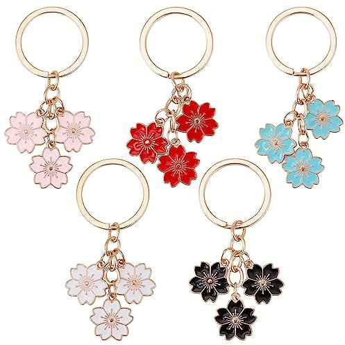craspire 5 Couleur Sakura Émail Porte-Clés Fleur Porte-Clés Alliage Pendentif Suspendu Floral Coloré Charme Porte-Clés pour Sac à Main Écouteur Sac Portefeuille Sac à Dos Décorations Party Favors en