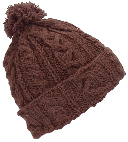 GURU SHOP Beanie Mütze, Bommelmütze aus Nepal, Wollmütze, Schurwolle - Nougatbraun, Herren/Damen