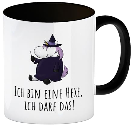 Einhorn-Hexe Kaffeebecher in schwarz mit Spruch Ich bin eine Hexe ich darf das eine lustige Tasse für die Arbeit Einhorn Hexe das Kaffeetasse Halloween Frauen lustiger Zauberstab
