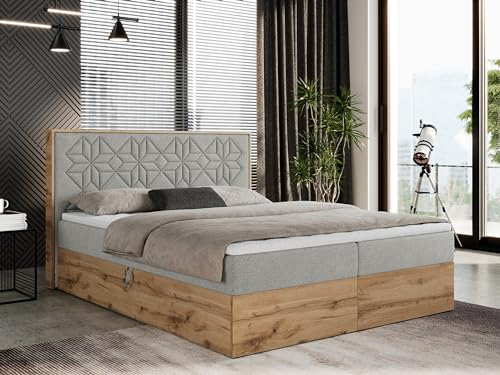 MKS MEBLE Boxspringbett 140x200 cm mit Bettkasten und Kopfteil, Polsterbett mit Matratze H4 und Topper T25, Boxspringbett mit Massivholz - Nessi - Hellgrau Strukture