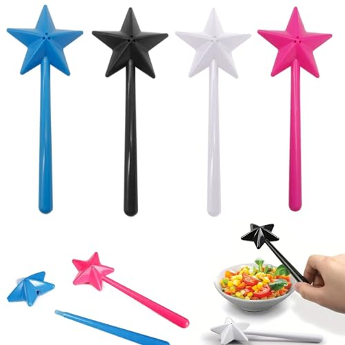 KuuGuu 4 PCS Star Magic Salt and Papper Shakers Pentagram Shape Fairy Wand Three Holes Salt Dispenser Refillable Removable Light One Hand Operation Kitchen Accessories （Black, White, Blue, Rose Red）