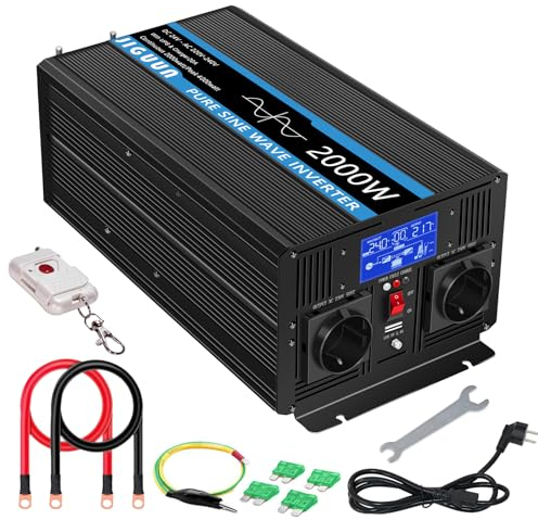 JIGUUN 2000W Wechselrichter 24v 230v Reiner Sinus Spannungswandler Mit 20A-Ladegerät und Netzvorrangschaltung und USV, 2 EU Steckdosen，Kabellose Fernbedienung und LCD-Anzeige