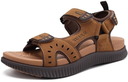 KuaiLu Herren Leder Wandersandalen Bequeme Orthopädische Recovery Trekkingsandalen Outdoor Sommer Casual Strand Dickes Kissen Sportsandalen, 45 Khaki Braun