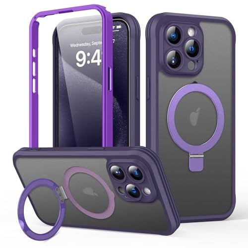 SKYLMW for iPhone 15 Pro Max Case with Invisible Magnetic Stand, Compatible with Mag-Safe Translucent Matte with Built-in Screen Protector, Shockproof Protective Phone Case for Women Men, Purple