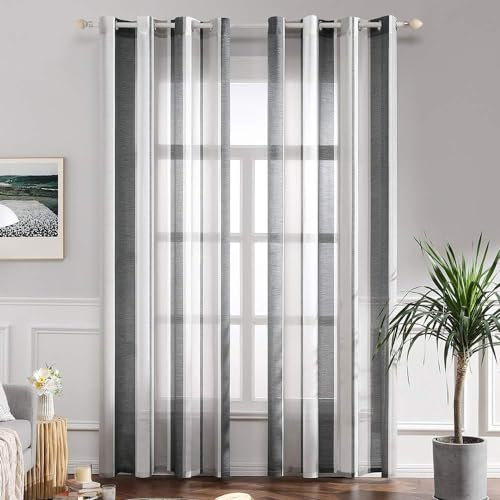 MIULEE Tende a Righe per Interni, Tende Trasparenti in Voile Tende Camera da Letto, Tenda Salotto Moderne con Anelli, Tenda a Pannello da Interno Finestra a Righe Bianche e Grigio Scuro, 2x 140x185 CM