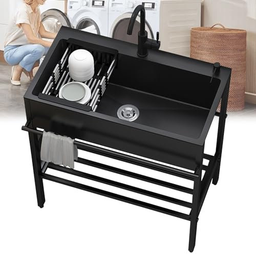 Free Standing Black Stainless Steel Utility Sink With Faucet - Kitchen and Laundry Station for Hand Washing, Outdoor, Garage, Indoor Kitchenette, Basement, Commercial