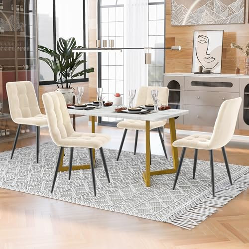 YCYDHDM Esstisch mit 4 Stühlen, Essgruppe mit Küchentisch und Goldenen Metallbeinen, Essstuhl aus Samt, Moderner Küchentisch Set für Wohnzimmer und Esszimmer, MDF Tischplatte, Beige