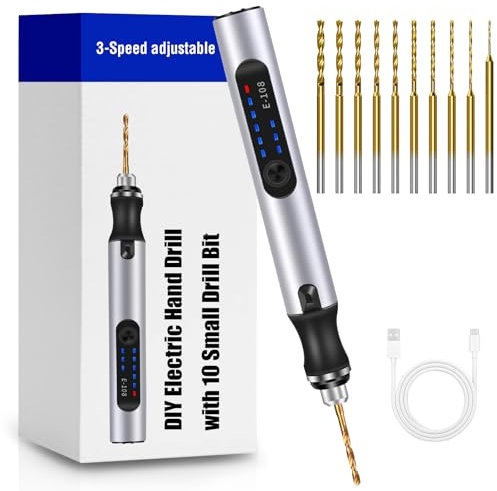 Mini Taladro de Mano Eléctrico, Vankarr 3 Velocidades DIY Micro Taladro Manual Precisión Herramientas bricolaje Giratorias Recargable con 10 Brocas, para Modelismo, Madera, Resina joyería