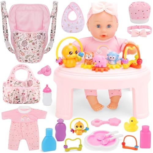 deAO Muñeca con accesorios, muñeca de 33 cm con portamuñecas, ropa, biberones, silla de muñecas, juguetes y accesorios para muñecas, juego de rol para niños a partir de 3 años