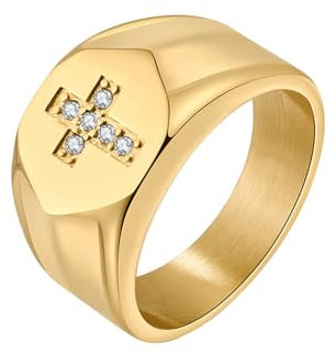 OAKKY Herren 12mm Hip Hop Unregelmäßig Strass Inlay Iced Out Kreuz Siegel Amulett Kruzifix Ring Edelstahl Gold Größe 70 (22.3)
