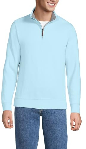 Lands' End - Men’s Bedford Half Zip Jumper - Brushed Rib Knit - Soft Cotton Blend - with Leather Tab - Ribbed Cuffs & Waist - Men's Clothing