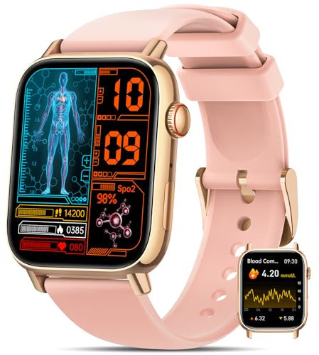 NAIXUES 2025 Smartwatch Herren Damen 𝐁𝐥𝐮𝐭𝐳𝐮𝐜𝐤𝐞𝐫, 1.83 Zoll Uhren Damen mit 150 Sportmodi/𝐄𝐂𝐆/𝐇𝐑𝐕/Herzfrequenz/SpO2/Blutdruck, IP68 Wasserdicht Fitness Tracker für iOS Android, Gold