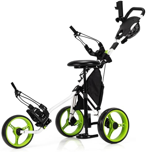 GOPLUS Golf Trolley, Golftrolley 3 Rad mit Verstellbarer Griff, Sitz & Fußbremse, Golfwagen klappbar mit Schirm- und Getränkehalter & wasserdichter Tasche, Golfcaddy Golf Push Cart (Grün)