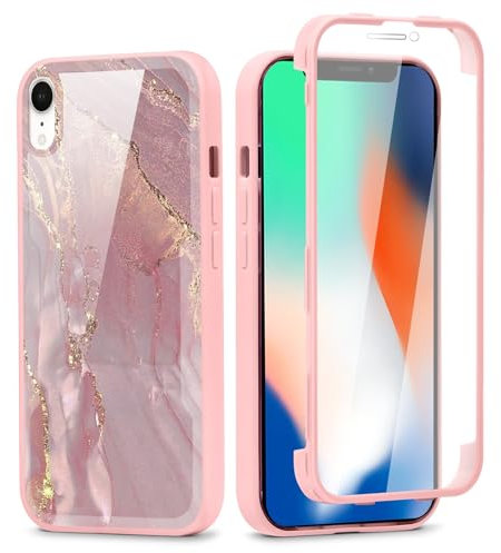 Phoona 360 Full Body Protective Case for iPhone XR 6.1, Marble Pattern Design Aesthetic Theme Phone Case, Built-in Screen Protector Women Girly Cover, 05