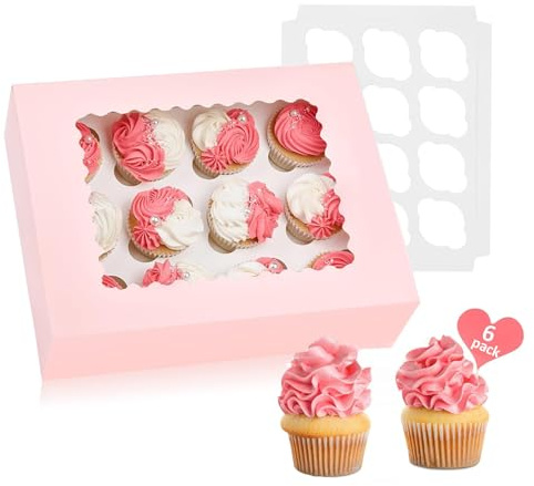 Sivaopa 12 Hole Cupcake Boxes, 6 Pack Multifunction Inserts cake boxes for cupcakes, Cupcake Boxes For Carrying And Displaying Tasty Muffins, Fairy Cakes, And Treats-Pink