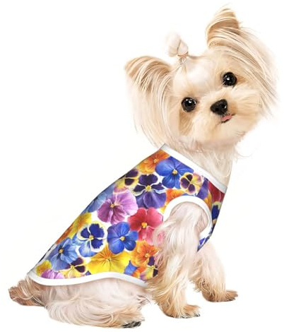 Xiso Ver The Garden Hunde-Shirt, dreifarbig, Stiefmütterchen, Blumendruck, elastisch, weich, atmungsaktiv, Haustierkleidung, Frühjahr, Sommer, Haustierbekleidung, T-Shirt für Welpen, Kätzchen, Katzen