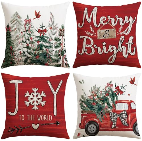 JOTOM 4er Set Weihnachten Kissenbezüge, Dekorative Wurf Kissenbezug Moderne Kissenhüllen Sofakissen Dekokissen Zierkissenbezug für Wohnzimmer Garten (50x50cm, Weihnachtsbaum Lastwagen|Rot)