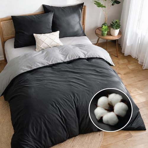 Dreamzie - Bettwäsche 200x220-2X Kissenbezug 80x80 - Baumwolle | Dunkelgrau · 3-teilig · Wendebettwäsche · Reißverschluss · OEKO-TEX Zertifiziert · Hautsympathisch · Pflegeleicht