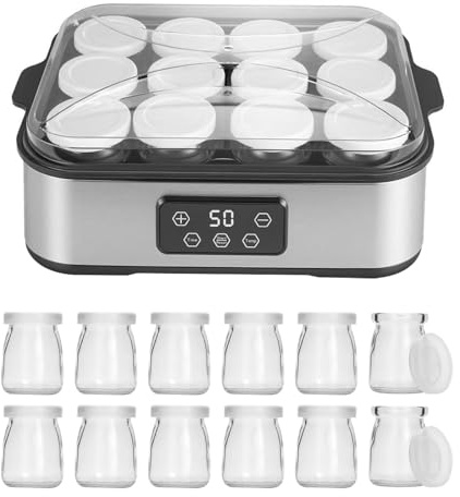 TECKZOON Yogurtiera Elettrica 2200 ml, con 12 × 180 ml Vasetti in Vetro, Macchina Digitale in Acciaio Inox, Yogurt Maker Automatico per Yogurt Fatti in Casa, Formaggio o Natto