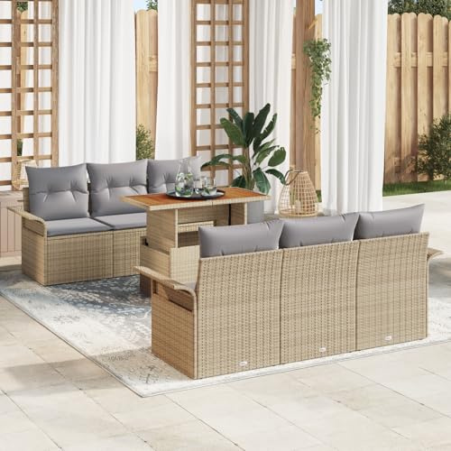 QZZCED 7-TLG. Garten-Sofagarnitur mit Kissen Beige Poly Rattan Akazie Balkon Sofa Set Gartenmöbel Set für Gärten