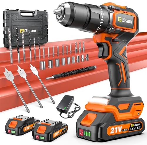 Taladro a Batería 21V, Kit Taladro Inalámbrico Con 2 Baterías, Motor Brushless 1200W 75Nm, 25+3 Niveles, Mandril 13mm, 2 Velocidades, Gran LED, 29 Accesorios Para Hogar & DIY de Jardín (aire)