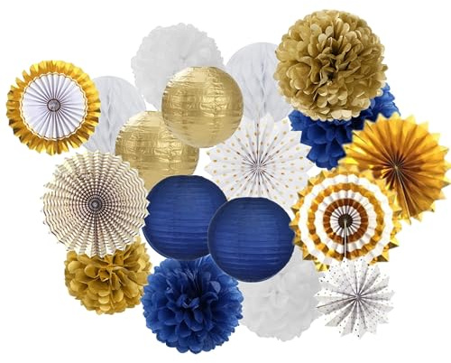 A Liittle Tree - All-in-One Tissue Honeycomb Pom Pom Pompoms Hanging Paper Fan Party Decorations (All-in-ONE Dark Blue)