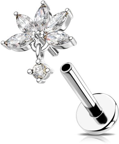 OUFER 16G Gold Lotus Helix Ohrring, Tragus-Piercing mit Innengewinde, Chirurgenstahl 316L, 1,2 mm, mit 5 baumelnden, runden Zirkonia im Marquise-Schliff, silberner Conch-Lippenstecker für Damen 6/8 mm
