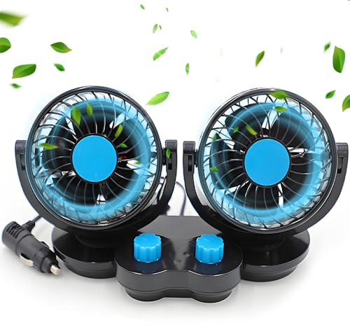 SKJJM Ventilatore Auto a Doppia Testa 12V, 360° Ruotabile Ventilatore Silenzioso Potente, 2 Velocità con Presa Accendisigari, Potente e Silenzioso, per SUV RV ATV Camion Campe