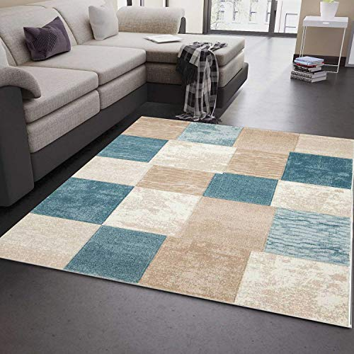 VIMODA Teppich Modern Klassik Kariert Meliert in Turkis Beige Creme, Maße:80 x 150 cm