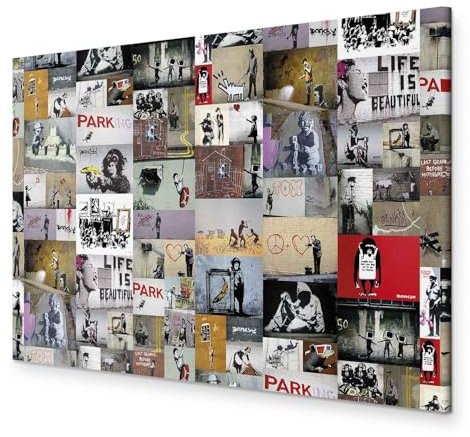 B&D XXL - Tableau décoratif inspirant 90x60 cm - Impression sur toile colorée - Décoration murale pour salon et chambre - Banksy modèle graffiti collage coloré fond urbain moderne i-C-0091-b-b