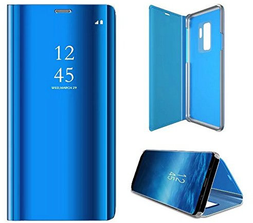 2ndSpring Coque pour Samsung Galaxy S9,Flip Miroir Coque Dur PC Plastique Housse Plating Case Façade Semi Transparante Standing View Cover Etui pour Galaxy S9,Bleu
