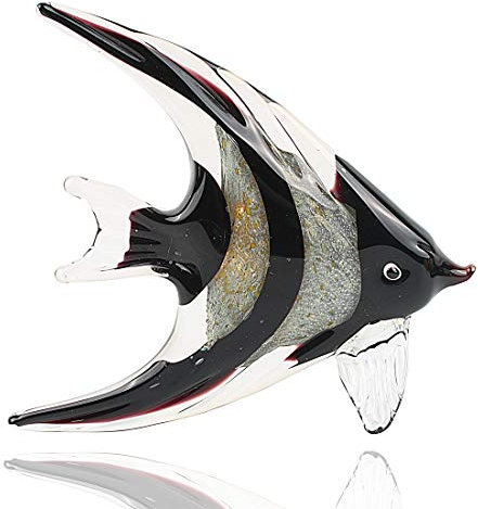 Hophen Art Glass Tropical Angel Swallow Fish Blown Handmade Sea Animal Figurine Sculpture Home Decor Collectible Statue Paper Weight Gift Ornament (Black White)
