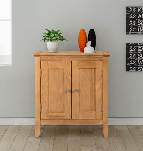 Hallowood Furniture Hereford Oak Small Shoe Storage Cabinet, Cupboard Storage, Light Oak Wooden Shoe Cabinet with Adjustable Shelf, Sideboard for Living Room, Bedroom & Kitchen