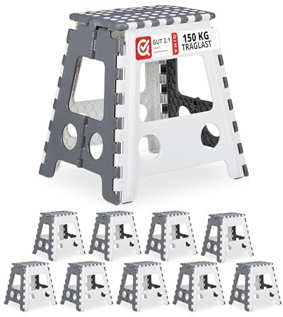 10 x Tritthocker XL klappbar, einstufiger Klapphocker mit Griff, bis 120 kg, Kunststoff, 39,5 x 38,5 x 32 cm, grau/weiß