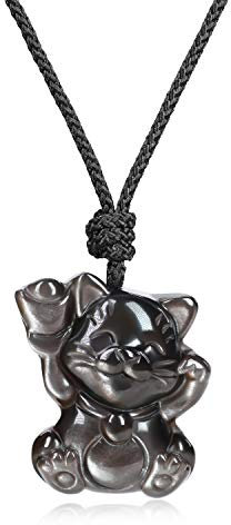 COAI Collier Ajustable Pendentif Chat Porte-Bonheur Obsidienne Argentée Homme Femme